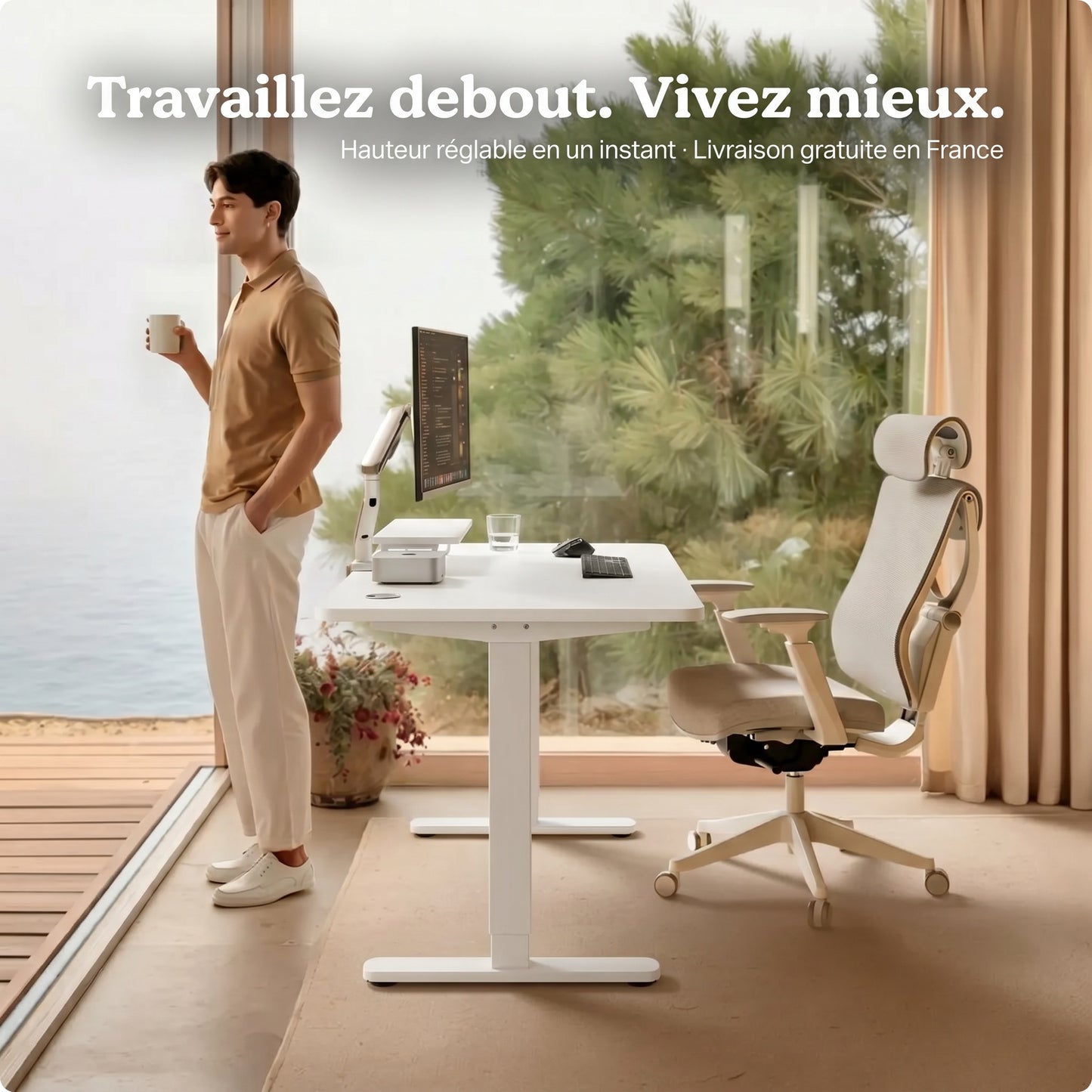 Bureau assis-debout électrique Postrua 160x70 cm — Blanc