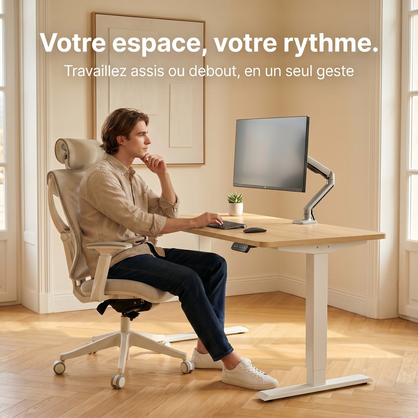 Bureau assis-debout électrique compact Postrua 120x60 cm — Beige