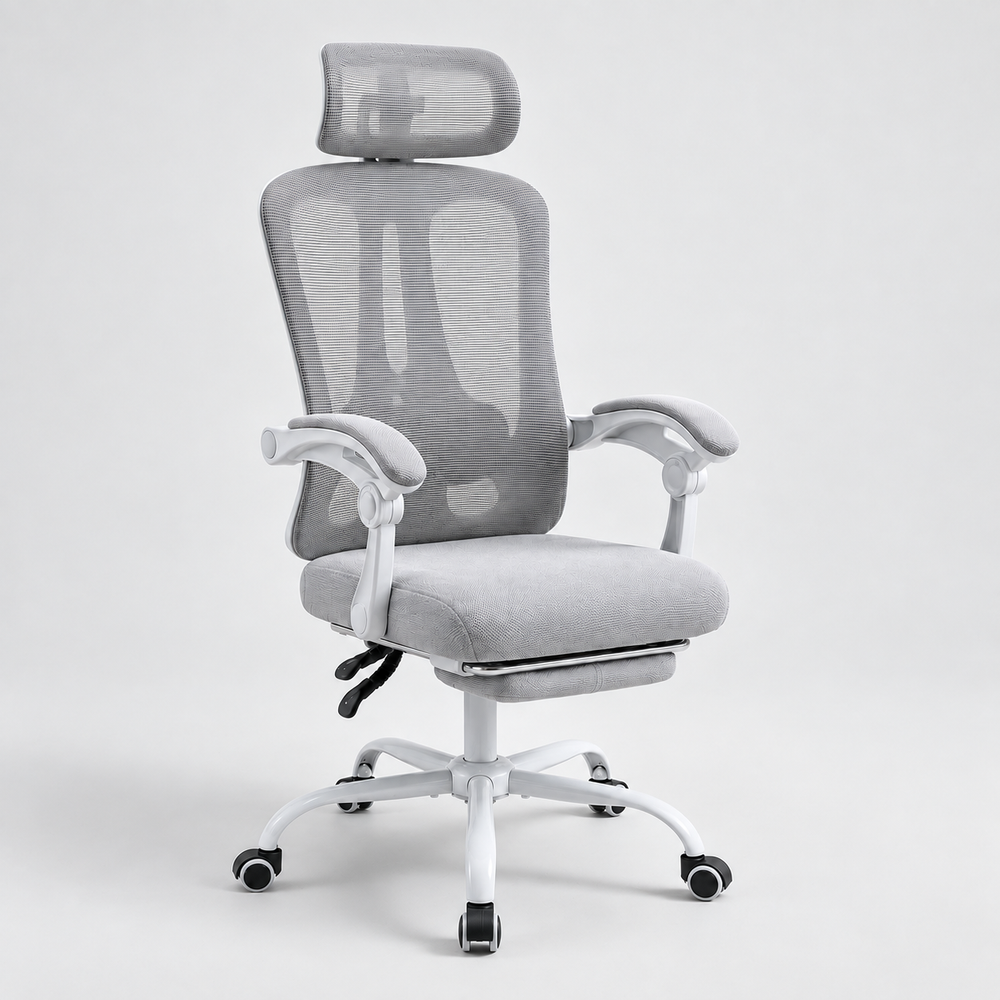 Postrua ErgoFlex – Chaise de Bureau Ergonomique Maille Respirante, Repose-Pieds, Inclinable 135°, Gris