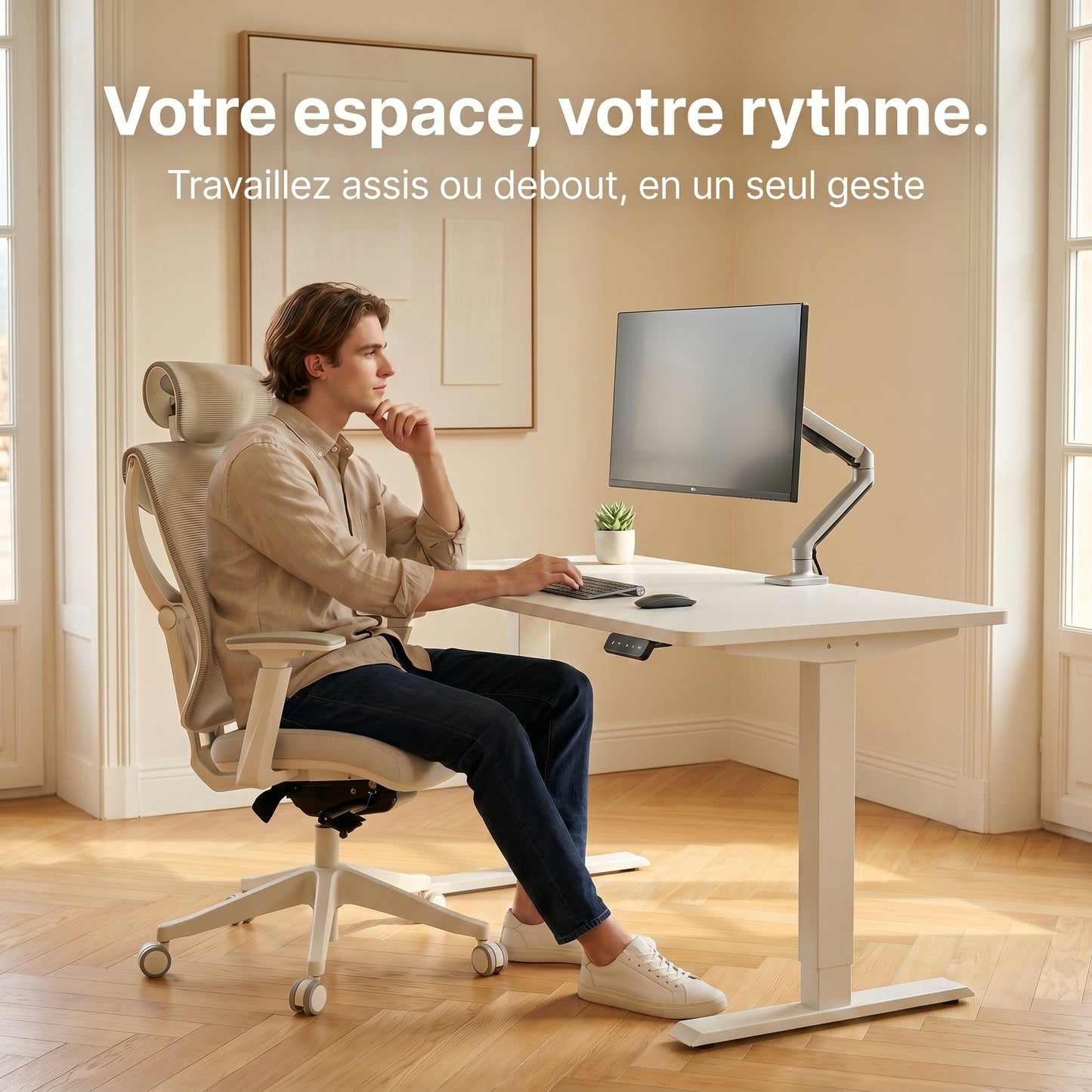 Bureau assis-debout électrique compact Postrua 120x60 cm — Blanc